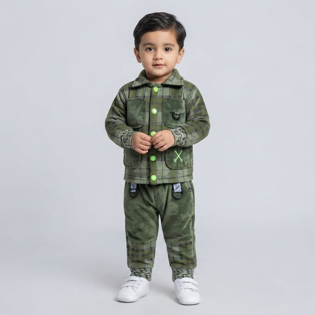 Baby Boy Olive Green Plaid Shirt & Velvet Tracksuit Set