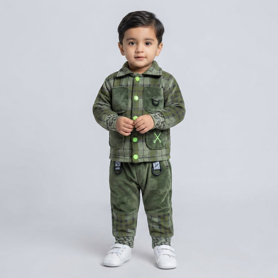 Baby Boy Olive Green Plaid Shirt & Velvet Tracksuit Set