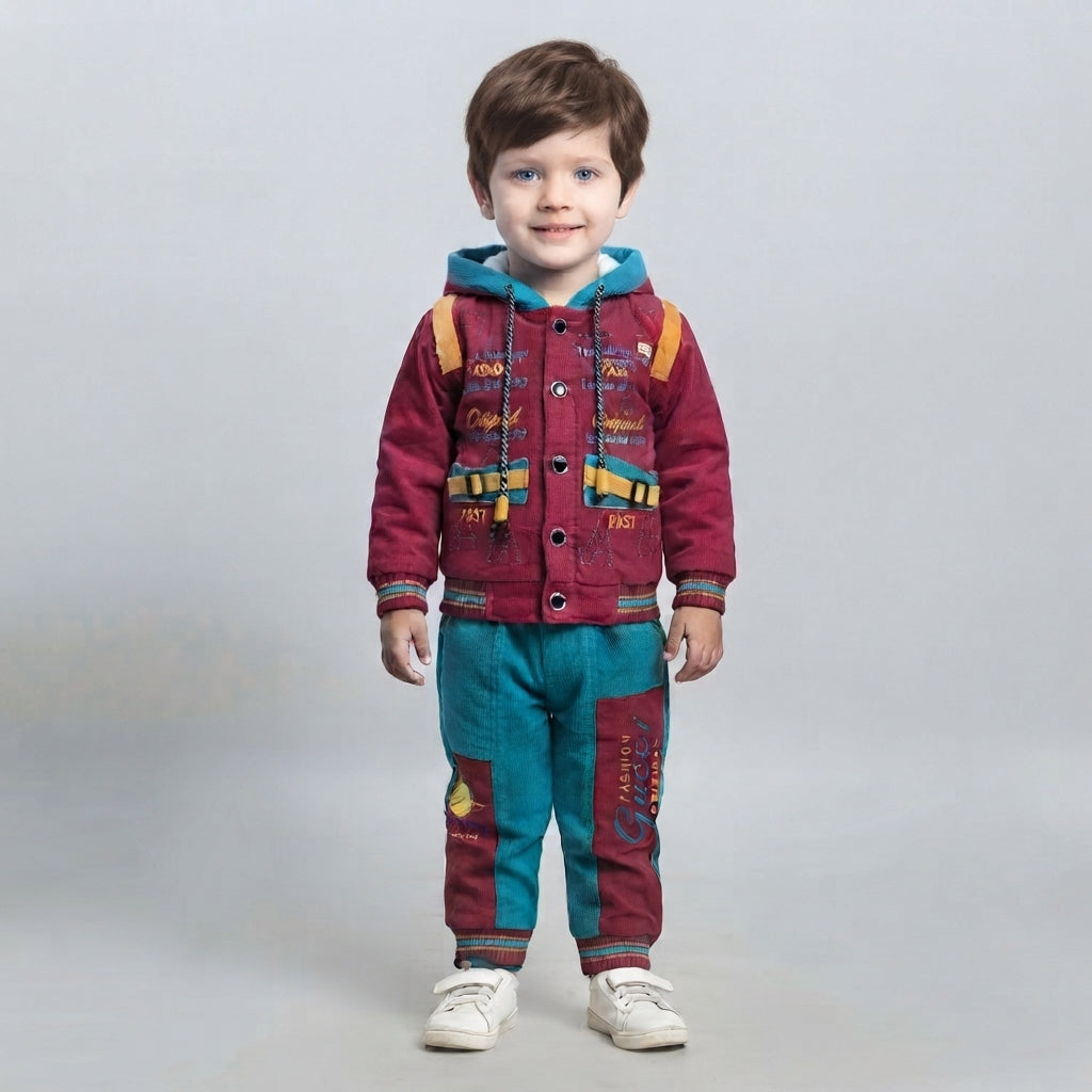 Boys Maroon and Blue Velvet 2 Piece Suit Premium Winter Outfit