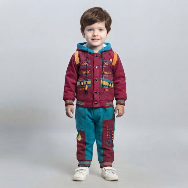 Boys Maroon and Blue Velvet 2 Piece Suit Premium Winter Outfit