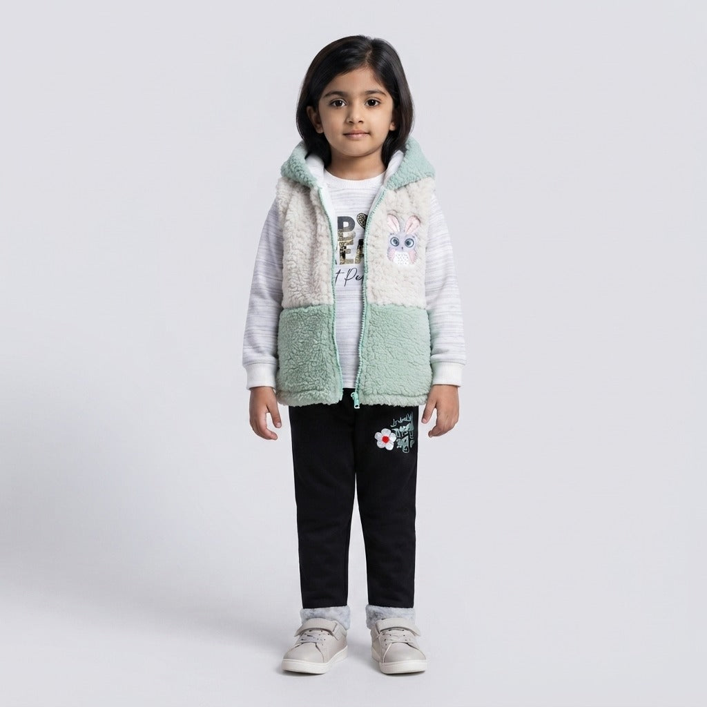 Girls Winter 3 Piece Suit | Fleece Inner & Trouser | Puffer Fur Jacket | Kids Winter Wear