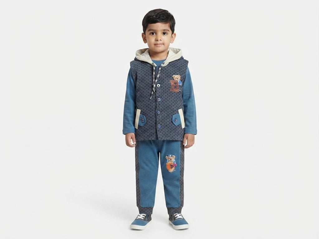 Boys Velvet 3 Piece Winter Suit | Velvet Inner & Trouser | Sleeveless Hooded Vest | Kids Winter Wear