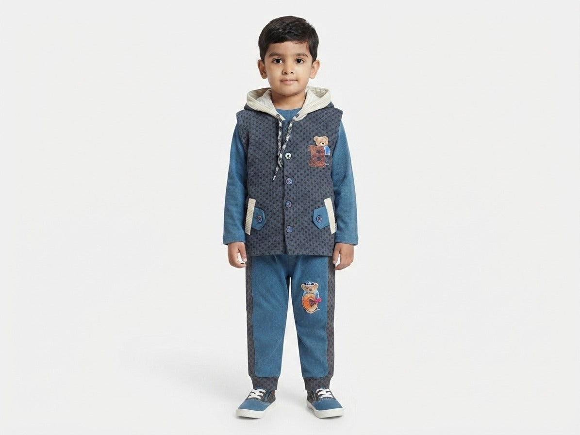 Boys Velvet 3 Piece Winter Suit | Velvet Inner & Trouser | Sleeveless Hooded Vest | Kids Winter Wear