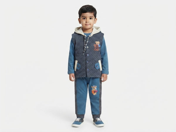 Boys Velvet 3 Piece Winter Suit | Velvet Inner & Trouser | Sleeveless Hooded Vest | Kids Winter Wear