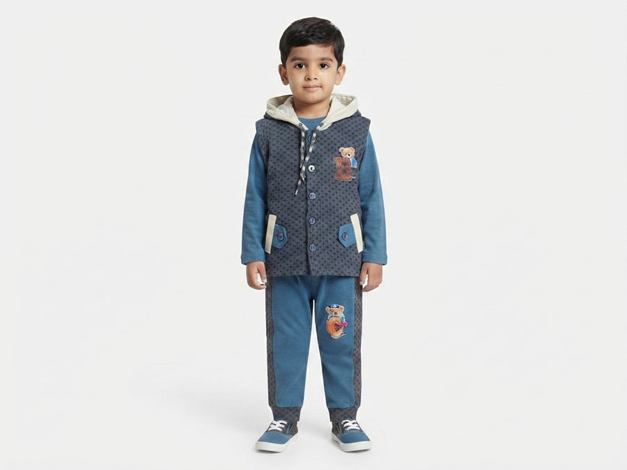 Boys Velvet 3 Piece Winter Suit | Velvet Inner & Trouser | Sleeveless Hooded Vest | Kids Winter Wear