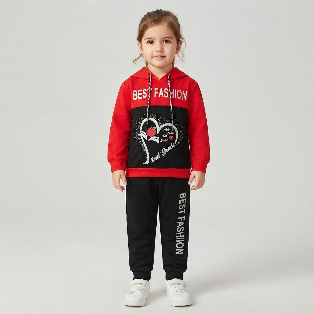 Kids' Red and Black Hoodie and Joggers Set with "Best Fashion" Print