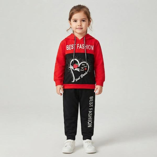 Kids' Red and Black Hoodie and Joggers Set with "Best Fashion" Print