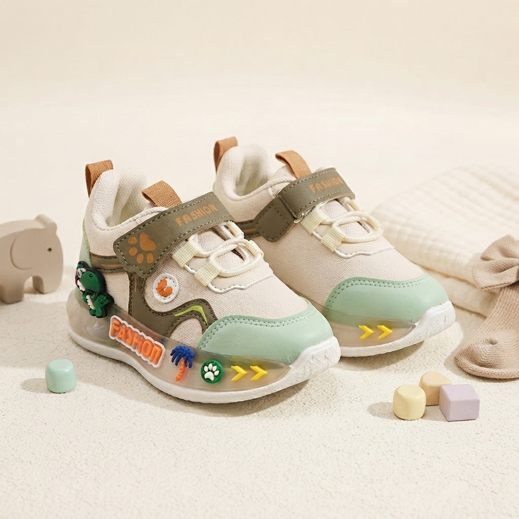 Boys Green Dinosaur Velcro Sneakers